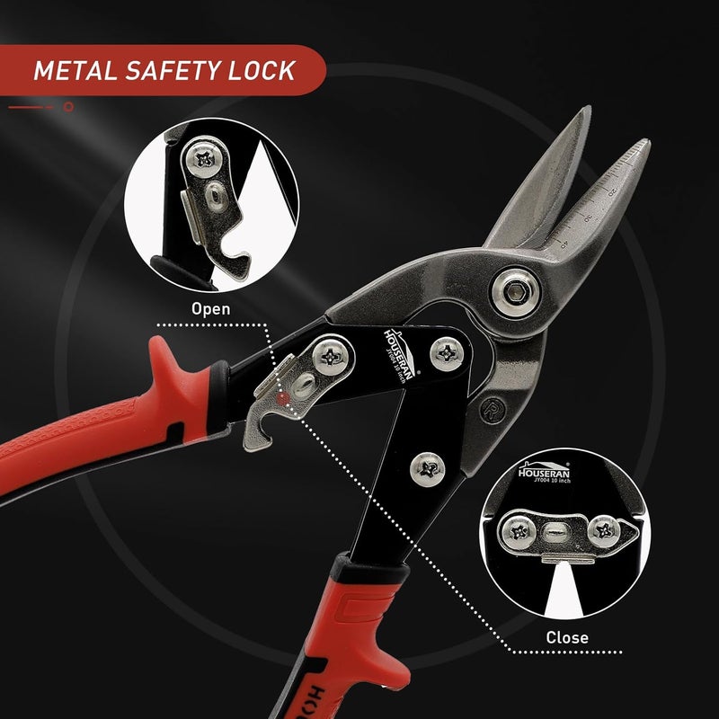 HOUSERAN 10 Inch Tin Snips, Right Cut Offset Aviation Snips, Heavy Duty CR-MO Metal Cutter with Double Lever, Scale Markings & Safety Lock, Tinner Shears Scissors for Cutting Metal Sheet - Image 4
